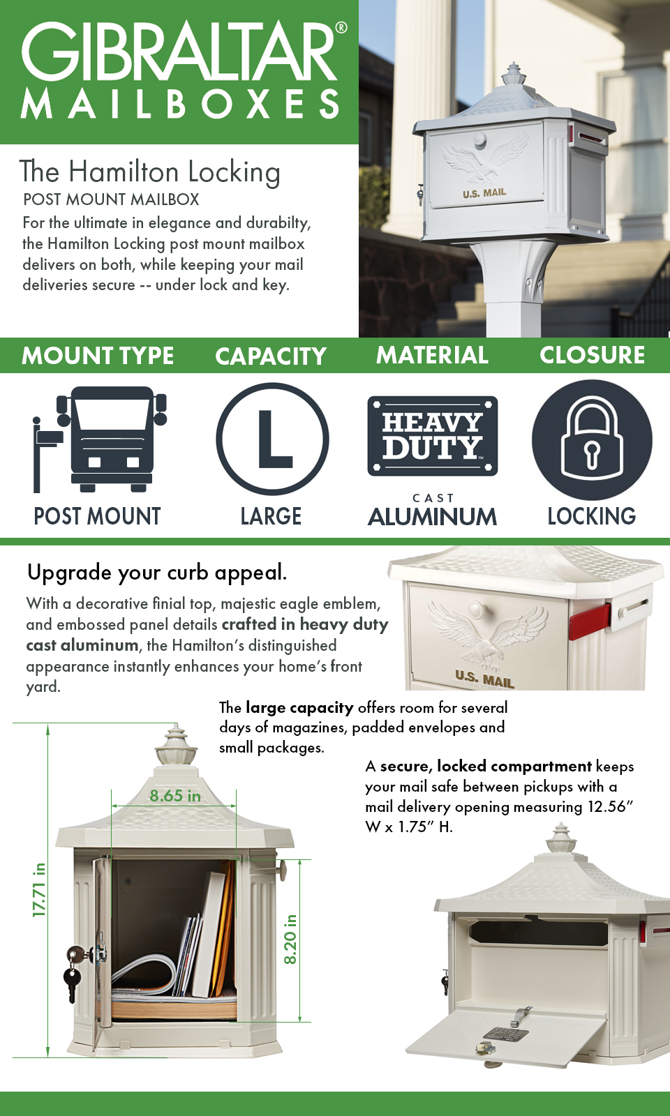 Gibraltar Mailboxes Hamilton White Locking Aluminum Large PostMount MailboxHM200W00 The Home